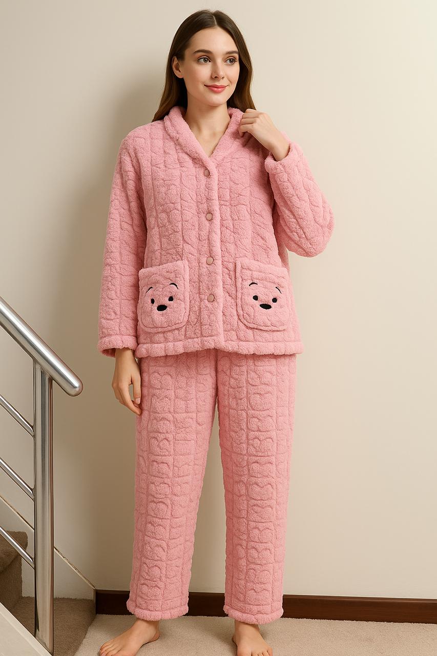 Women’s Pink Fleece Sleepwear Set with Bear Pockets | Veloura’s Secret