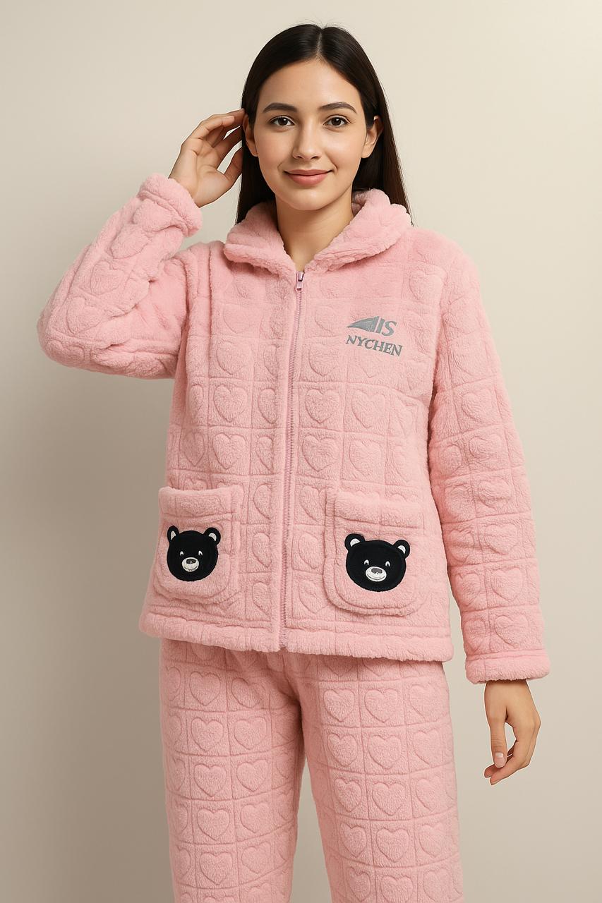 Women’s Pink Hooded Zipper Pajama Set with Black Bear Pockets | Veloura’s Secret