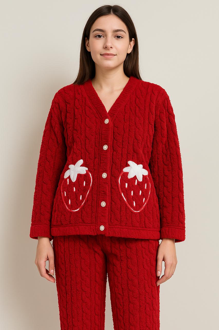 Women’s Red Strawberry Button Pajama Set | Veloura’s Secret