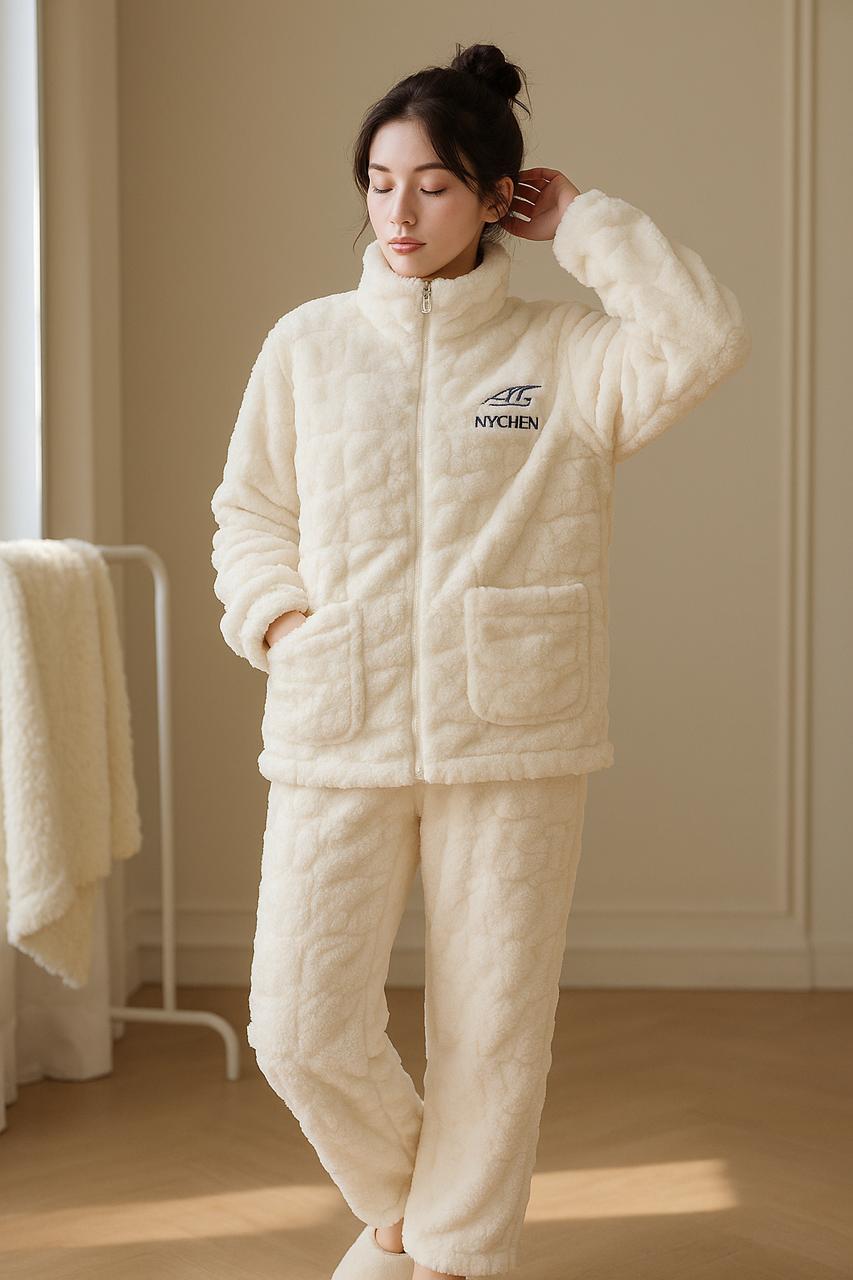 Women’s Fluffy Zip-Up Fleece Sleepwear Set – Cream Cozy | Veloura’s Secret
