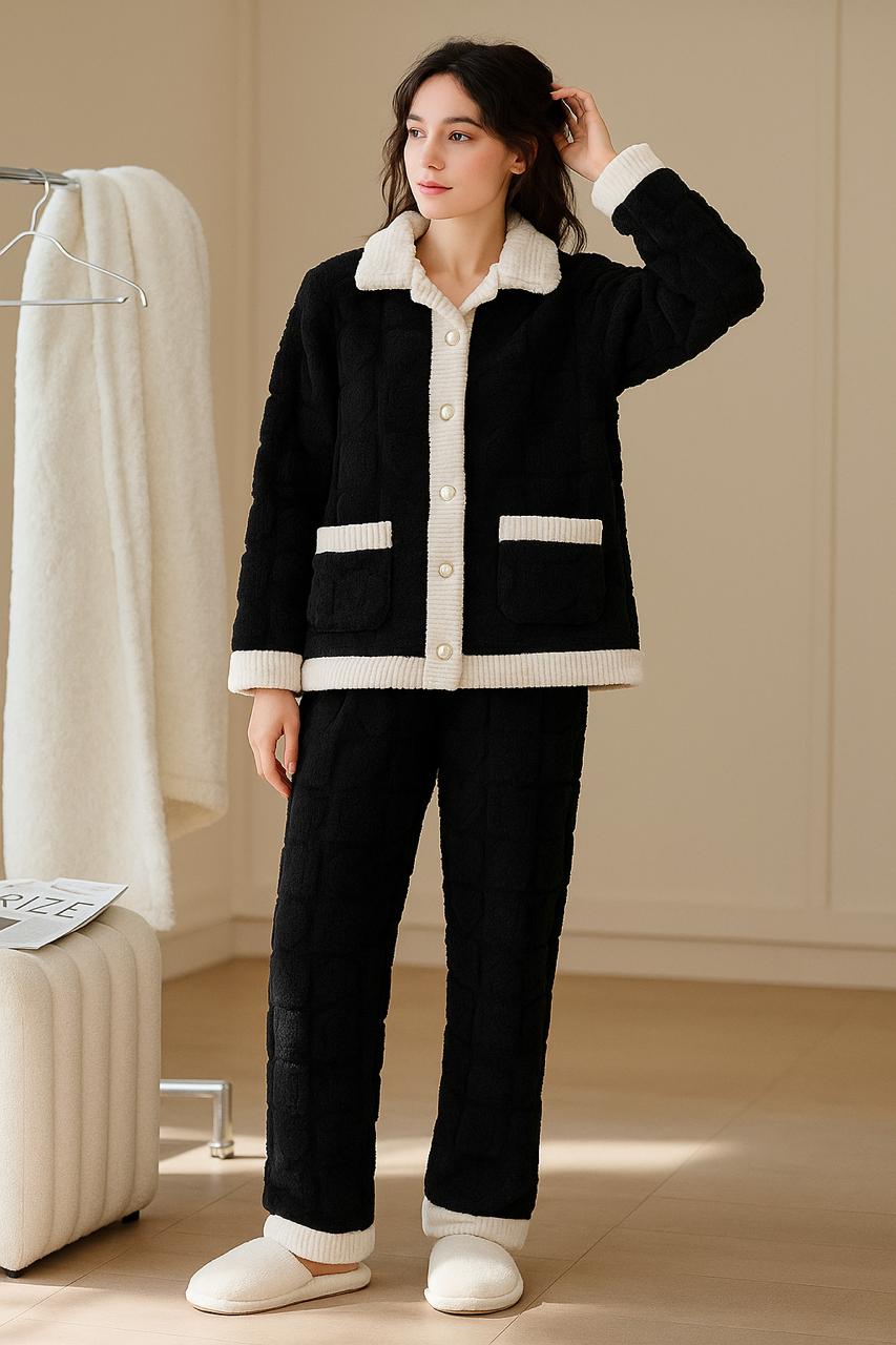 Women’s Quilted Fleece Sleepwear Set – Black & Cream Contrast | Veloura’s Secret