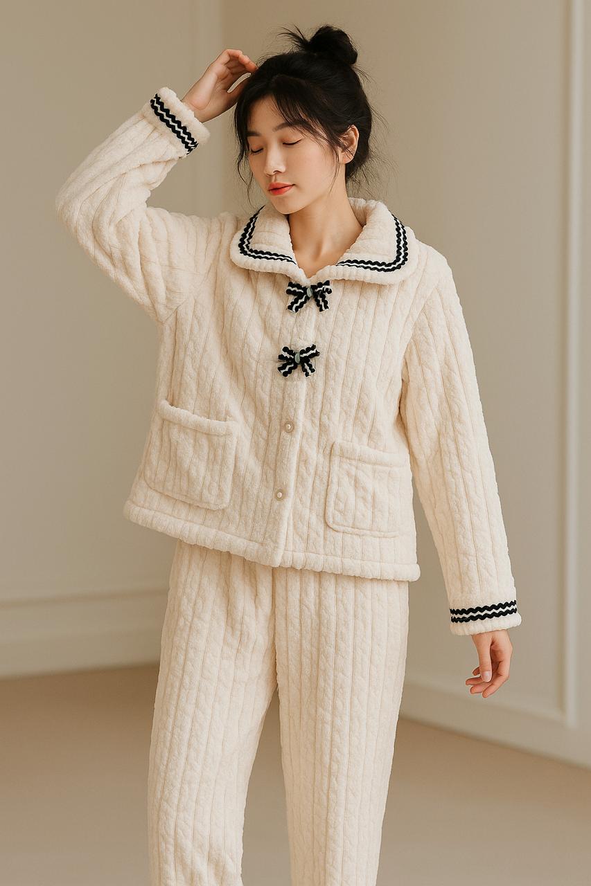 Women’s Bow-Trim Fleece Sleepwear Set – Cream | Veloura’s Secret