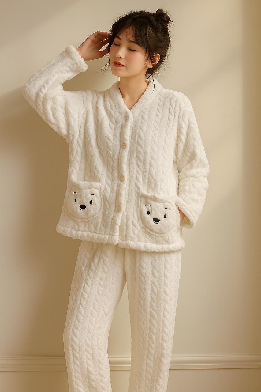 Women’s Fleece Sleepwear Set with Bear Pockets – Ivory | Veloura’s Secret